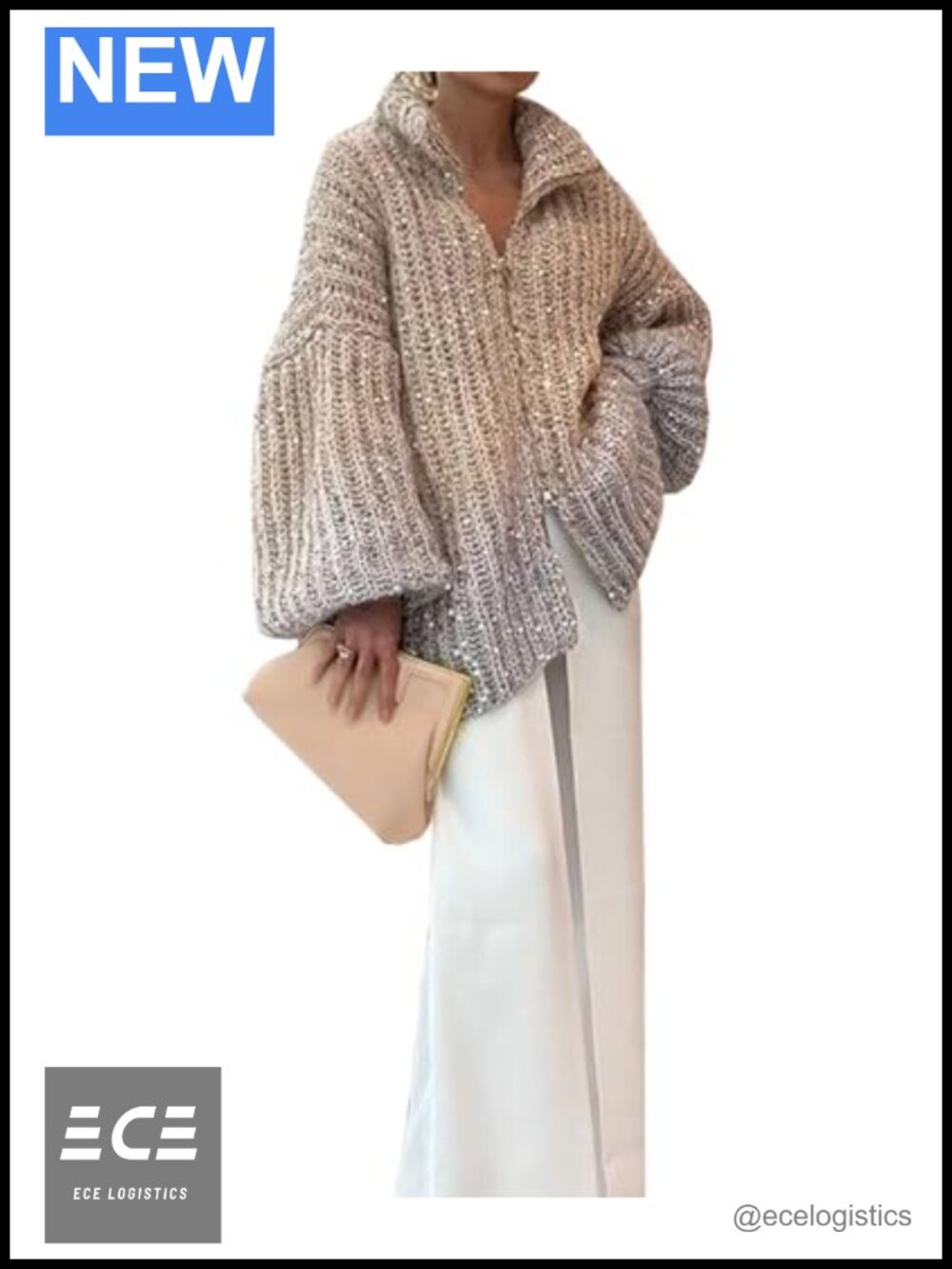 Sequin Zip Up Cardigan Sweater Long Sleeve V-Neck Acrylic Women's Oversized